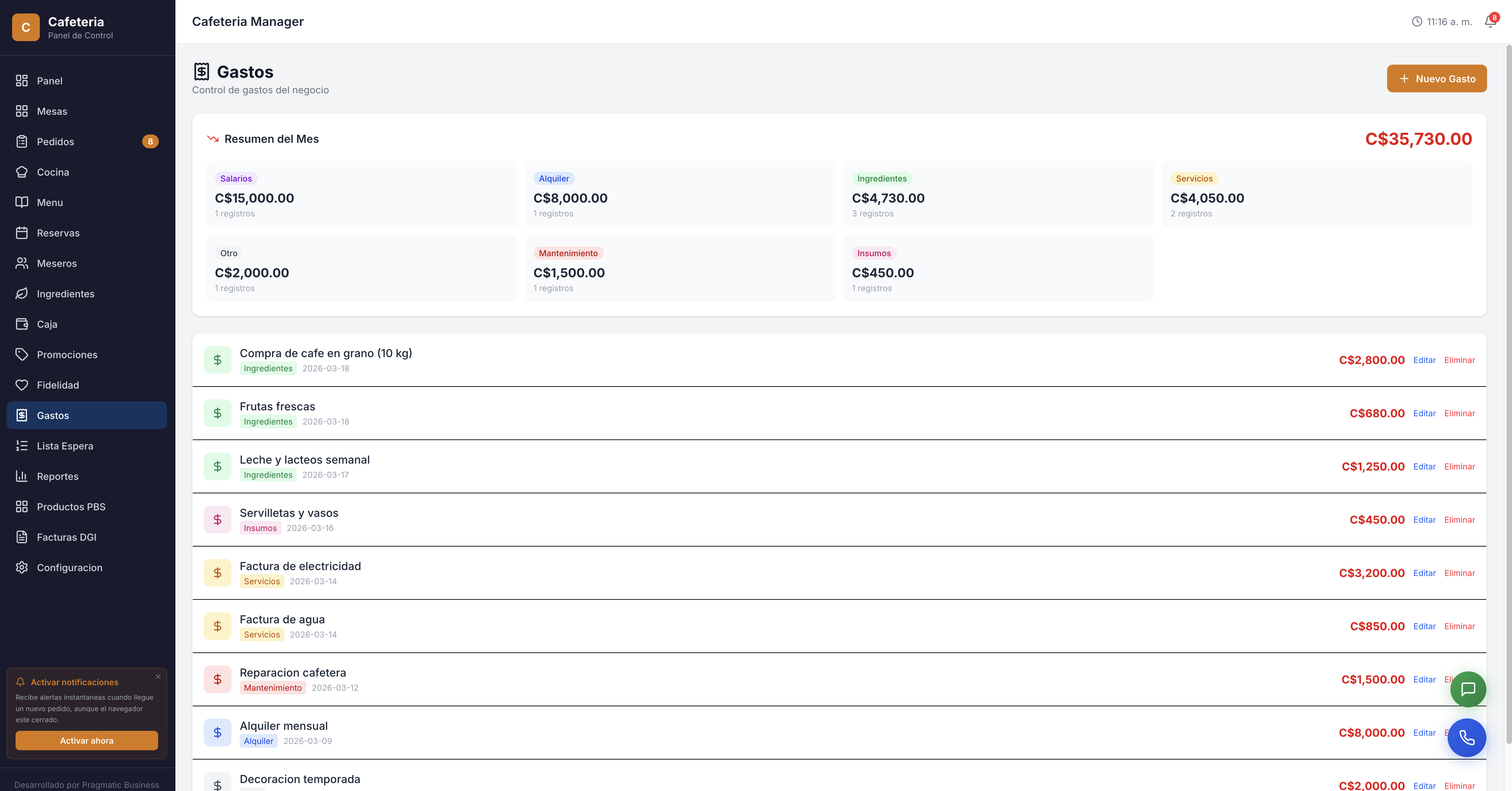 Panel — Cafetería Manager