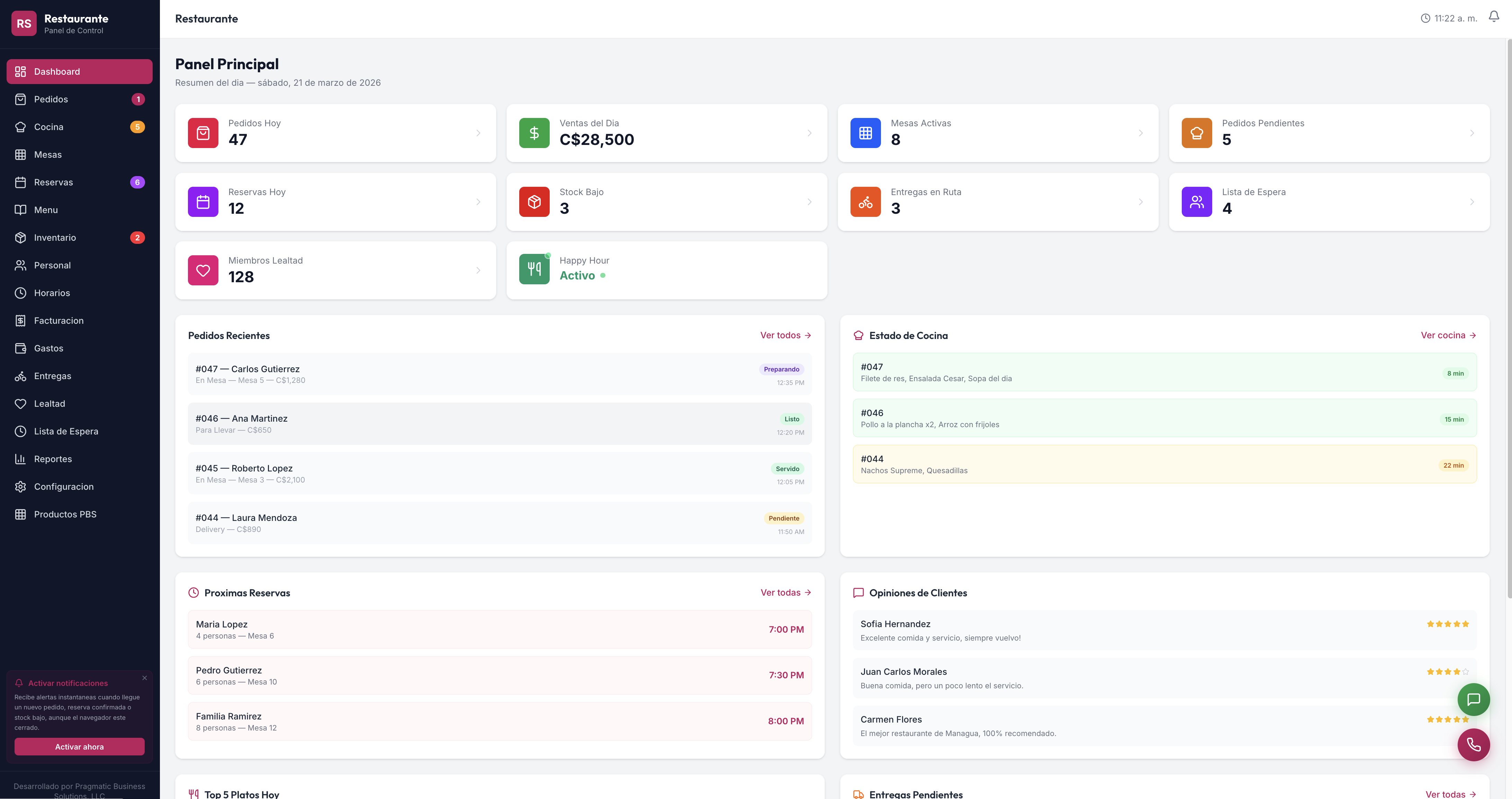 Panel — Restaurante